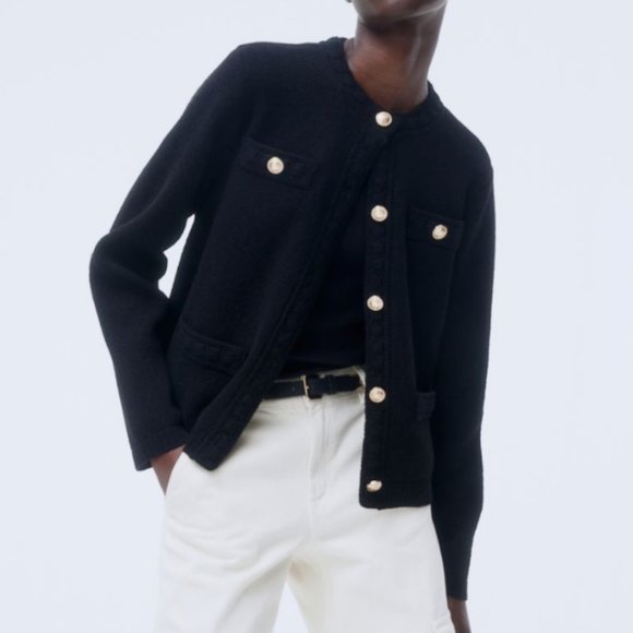 NEW Gold Button Knit Sweater Cardigan Jacket - Black - Picture 6 of 10